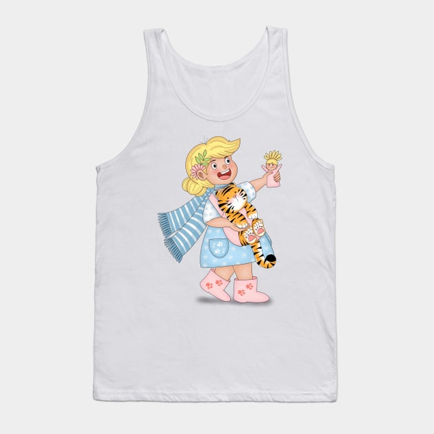 Happy Girl Carrying Tiger Cub Like A Baby Tank Top by Athikan